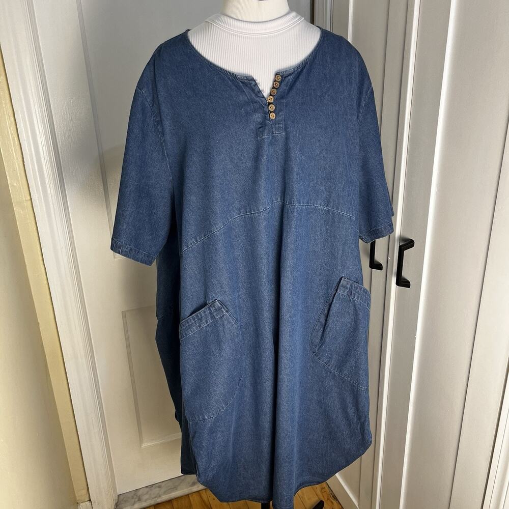 Minibee Blue Denim Cotton Dress Women Size 3X Oversized Lagenlook Boho